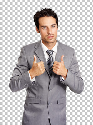 Buy stock photo Corporate, agreement and portrait of a businessman with a thumbs up isolated on a transparent png background. Thank you, success and a handsome employee with a like hand gesture for approval and goal