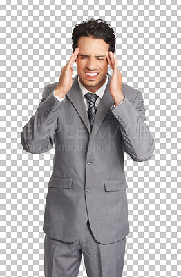 Buy stock photo Frustrated, stress or headache of a business man with depression, fail or mistake. Professional person with hand on head for corporate or mental health crisis isolated on transparent, png background