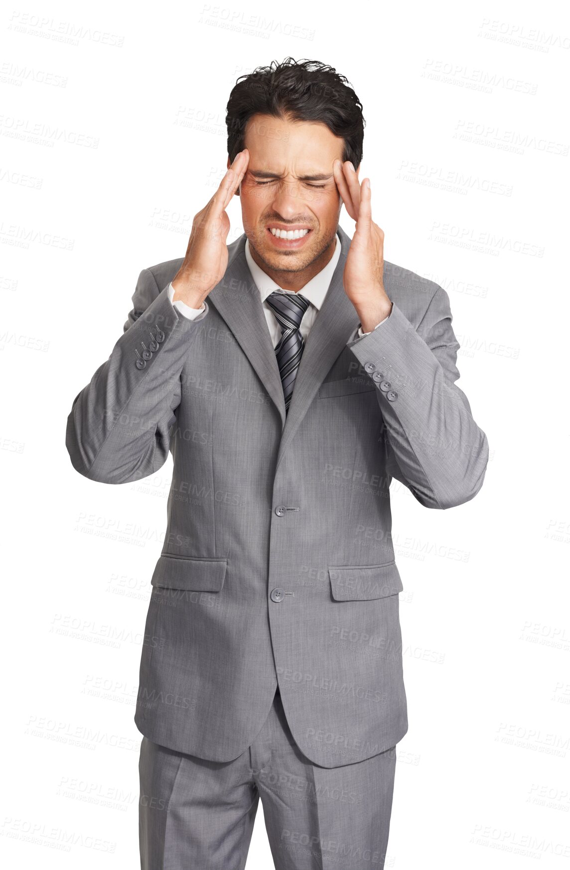 Buy stock photo Frustrated, stress or headache of a business man with depression, fail or mistake. Professional person with hand on head for corporate or mental health crisis isolated on transparent, png background