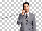 A handsome businessman taking a call on a landline isolated on a png background