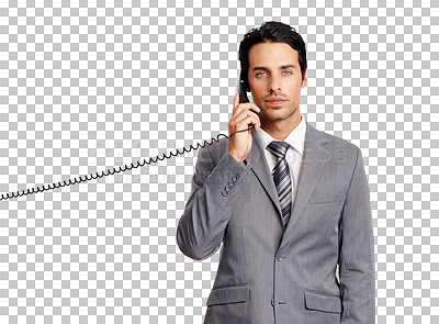 Buy stock photo Portrait, landline and serious business man isolated on a transparent png background. Telephone, conversation and male professional with phone call for listening, talk and communication with contact