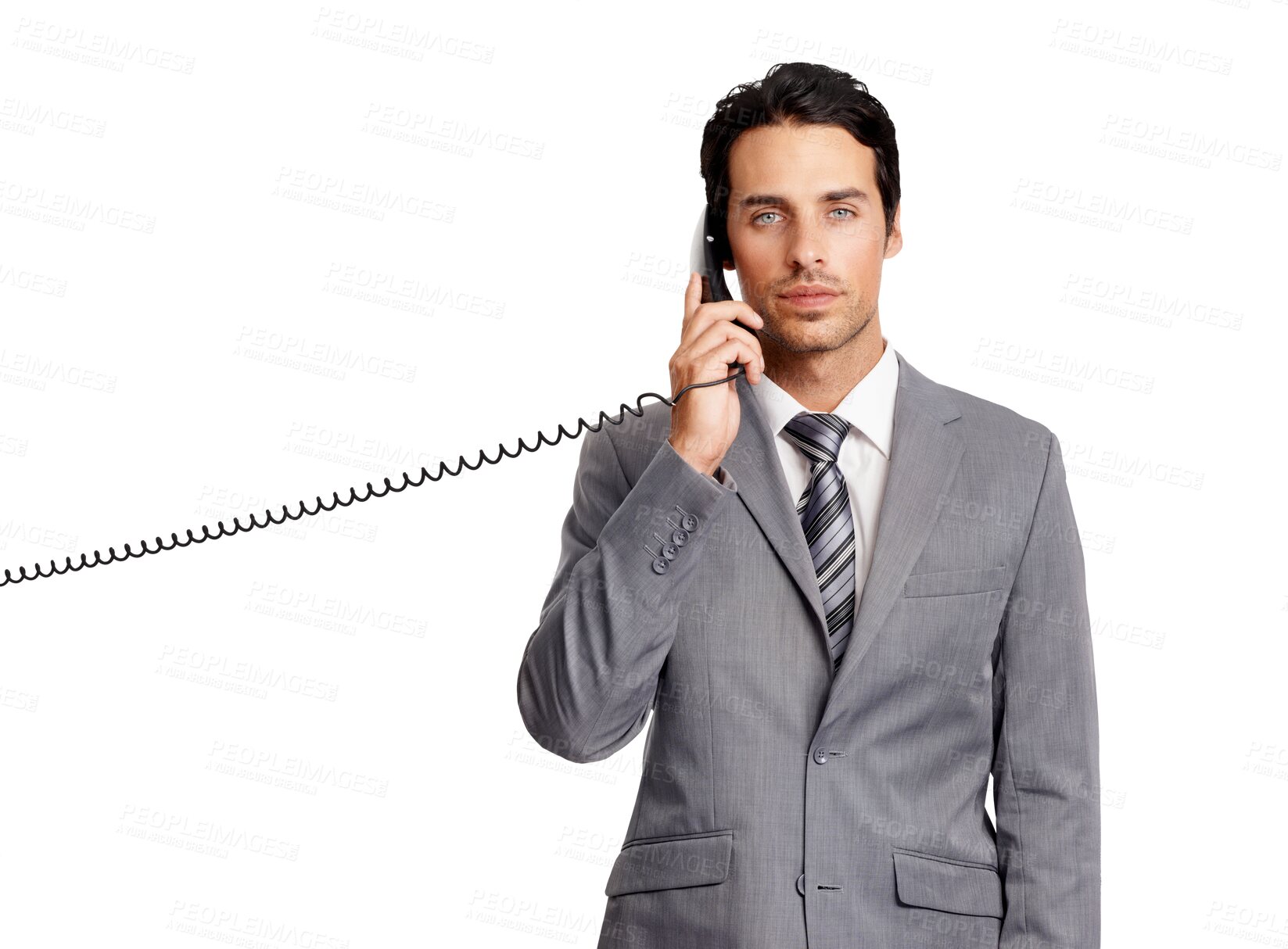 Buy stock photo Portrait, landline and serious business man isolated on a transparent png background. Telephone, conversation and male professional with phone call for listening, talk and communication with contact