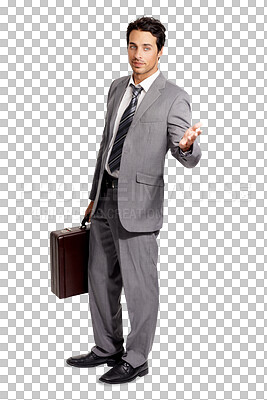 Buy stock photo Suit, briefcase and PNG with a business man isolated on a transparent background for professional work. Corporate, welcome and hand gesture with a handsome young male employee carrying a suitcase