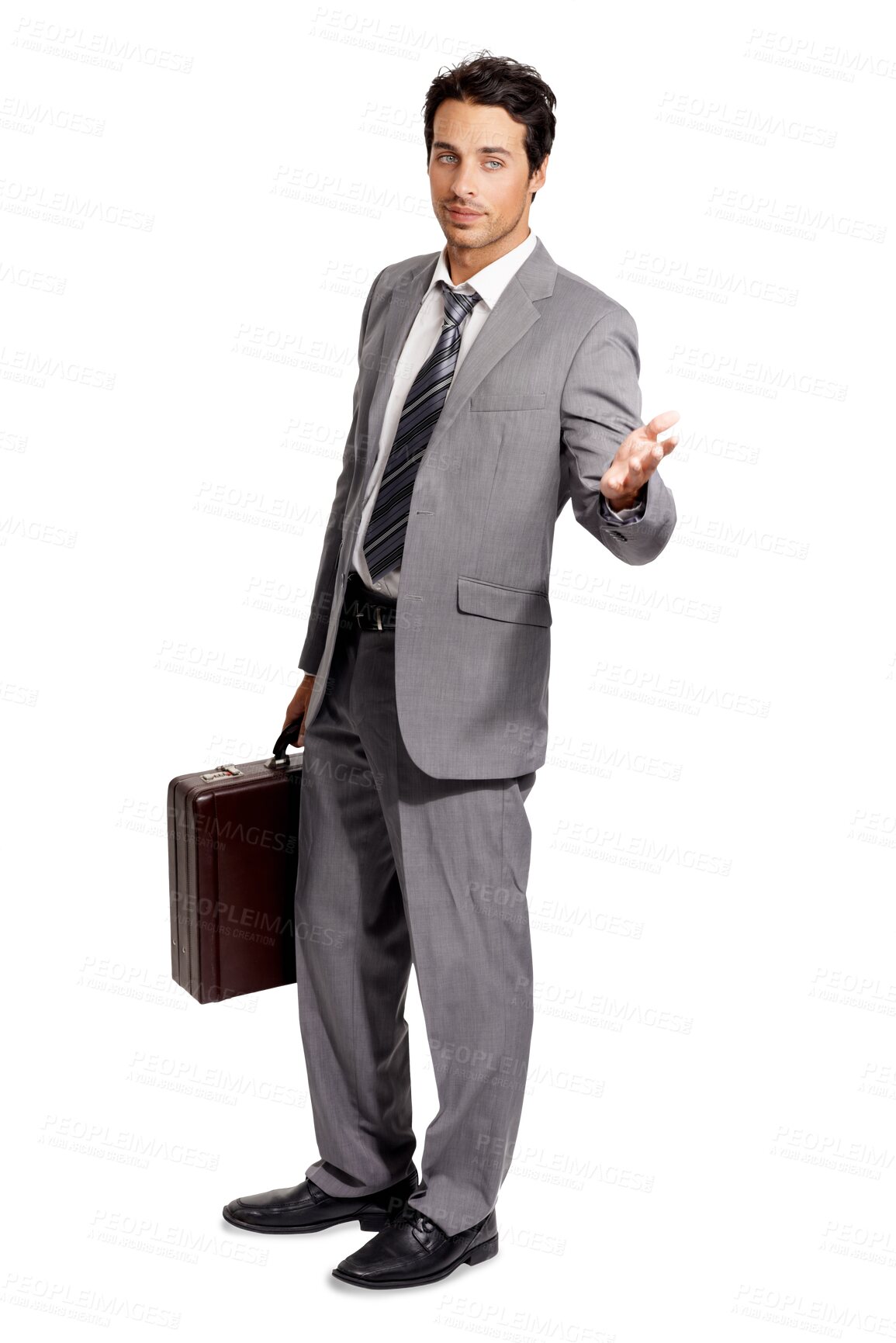 Buy stock photo Suit, briefcase and PNG with a business man isolated on a transparent background for professional work. Corporate, welcome and hand gesture with a handsome young male employee carrying a suitcase