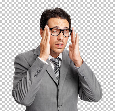 Buy stock photo Businessman with tired eyes, suit and glasses, exhausted and isolated on transparent png background. Fatigue, business and man with vision stress or eye sight problem, prescription frame and lens.