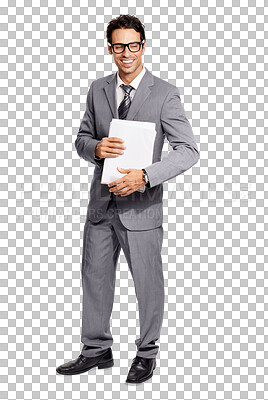 Buy stock photo Glasses, handsome and business man or nerd with paperwork and smile isolated on a transparent png background. Documents, executive and male professional with paper report for corporate career.