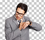 A handsome executive tapping his watch while isolated on a png background