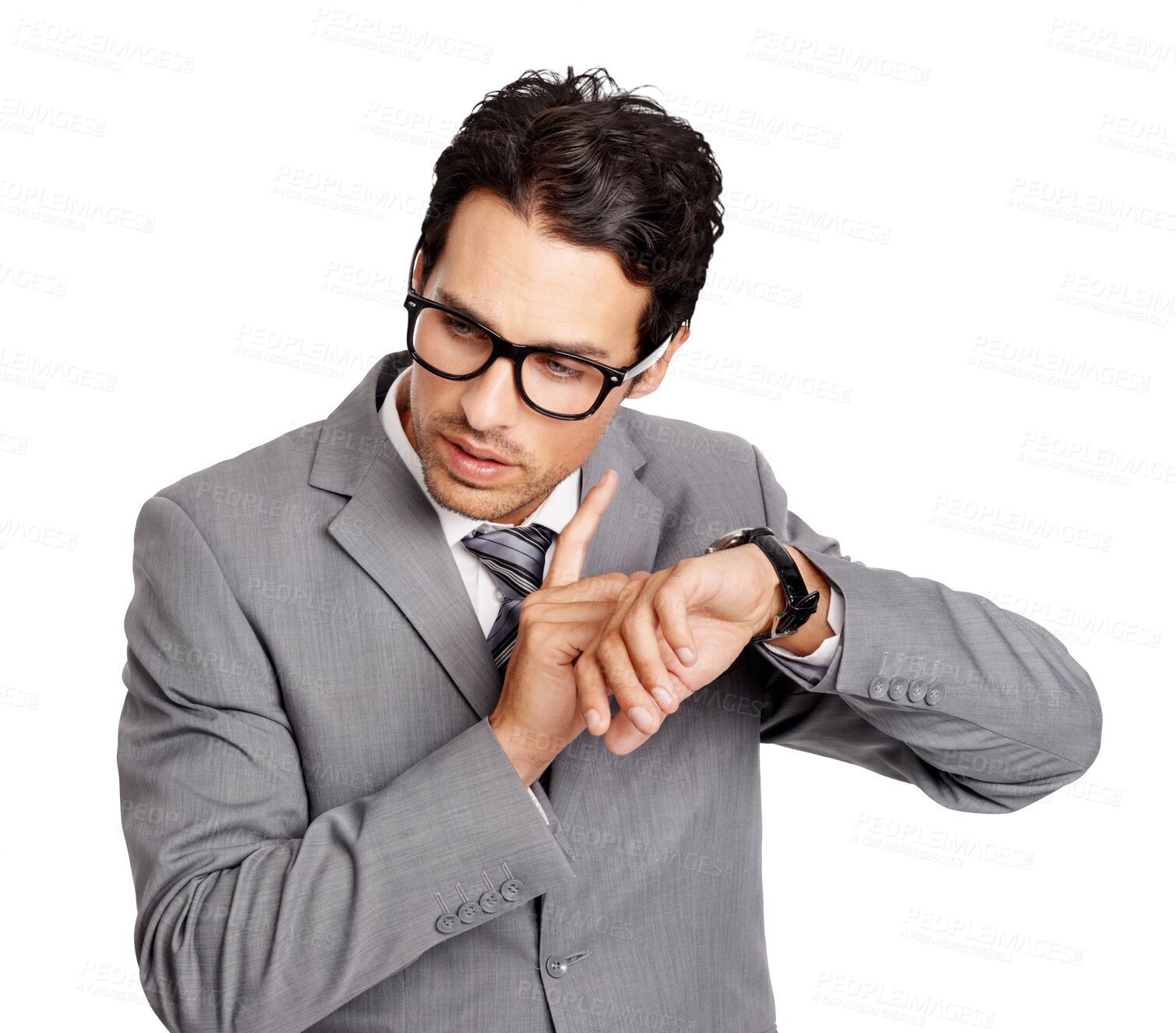 Buy stock photo Time, listening and a business man with a broken watch isolated on a transparent background. Late, appointment and delay with a young male employee looking worried while checking a wristwatch on PNG