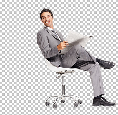 Buy stock photo Isolated business man, happy and newspaper with looking, thinking and reading by transparent png background. Young businessman, executive and paper for article, news or announcement for stock market