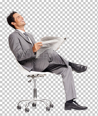 Buy stock photo Isolated business man, newspaper and laughing at joke, funny article and reading by transparent png background. Young businessman, executive and paper for comic, news or comedy story on office chair