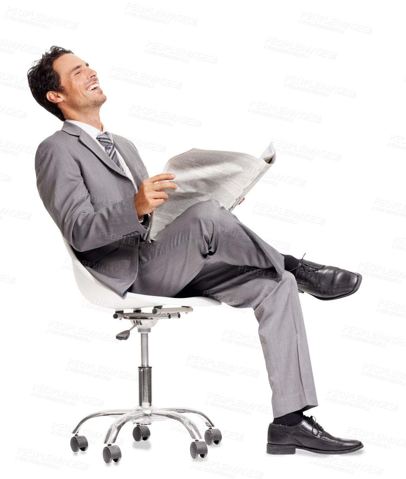 Buy stock photo Isolated business man, newspaper and laughing at joke, funny article and reading by transparent png background. Young businessman, executive and paper for comic, news or comedy story on office chair