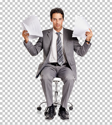 Buy stock photo Portrait, chair and business man with documents isolated on a transparent png background. Paperwork, serious and male professional on swivel seat with documentation, report and paper for working.