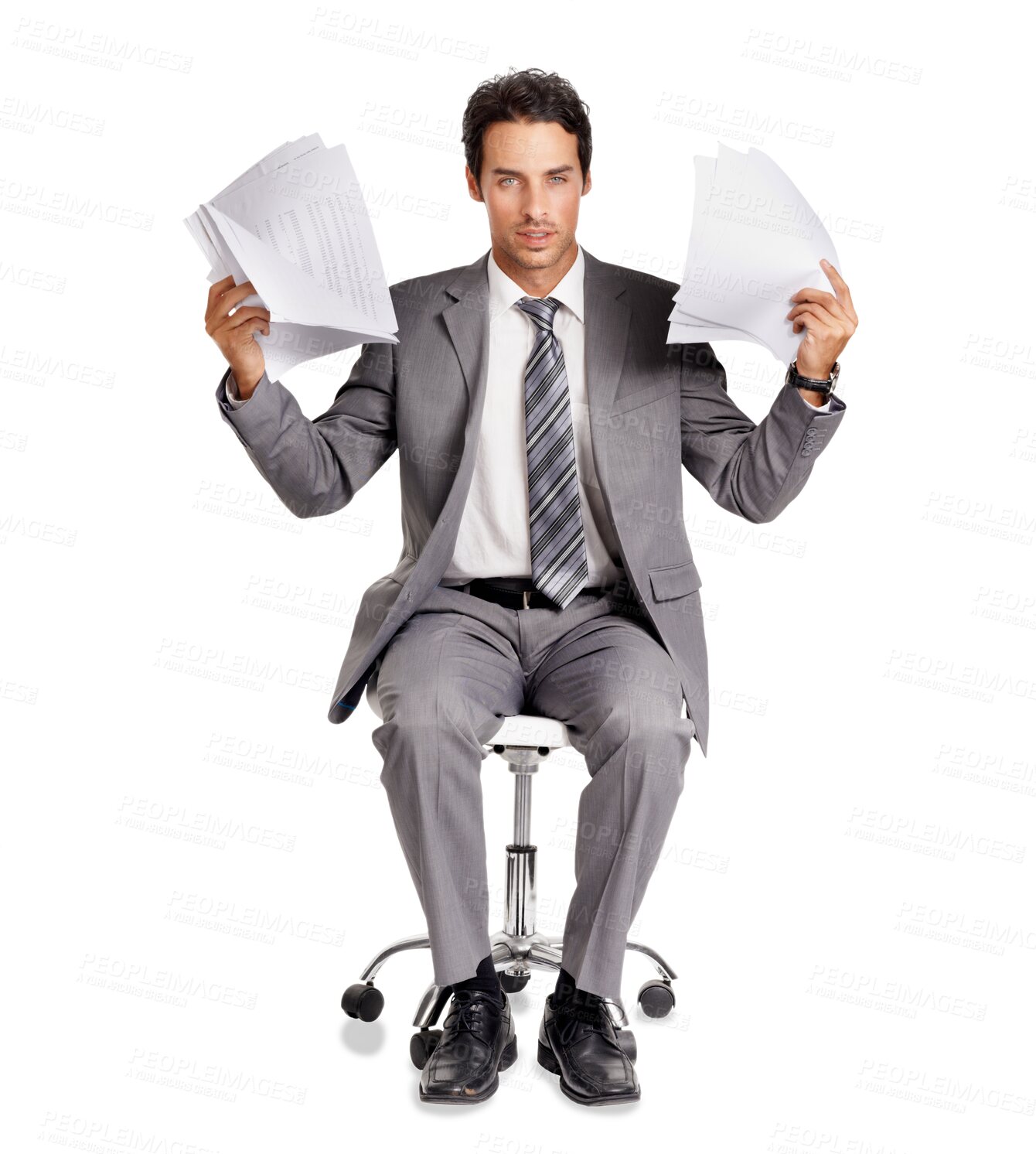 Buy stock photo Portrait, chair and business man with documents isolated on a transparent png background. Paperwork, serious and male professional on swivel seat with documentation, report and paper for working.