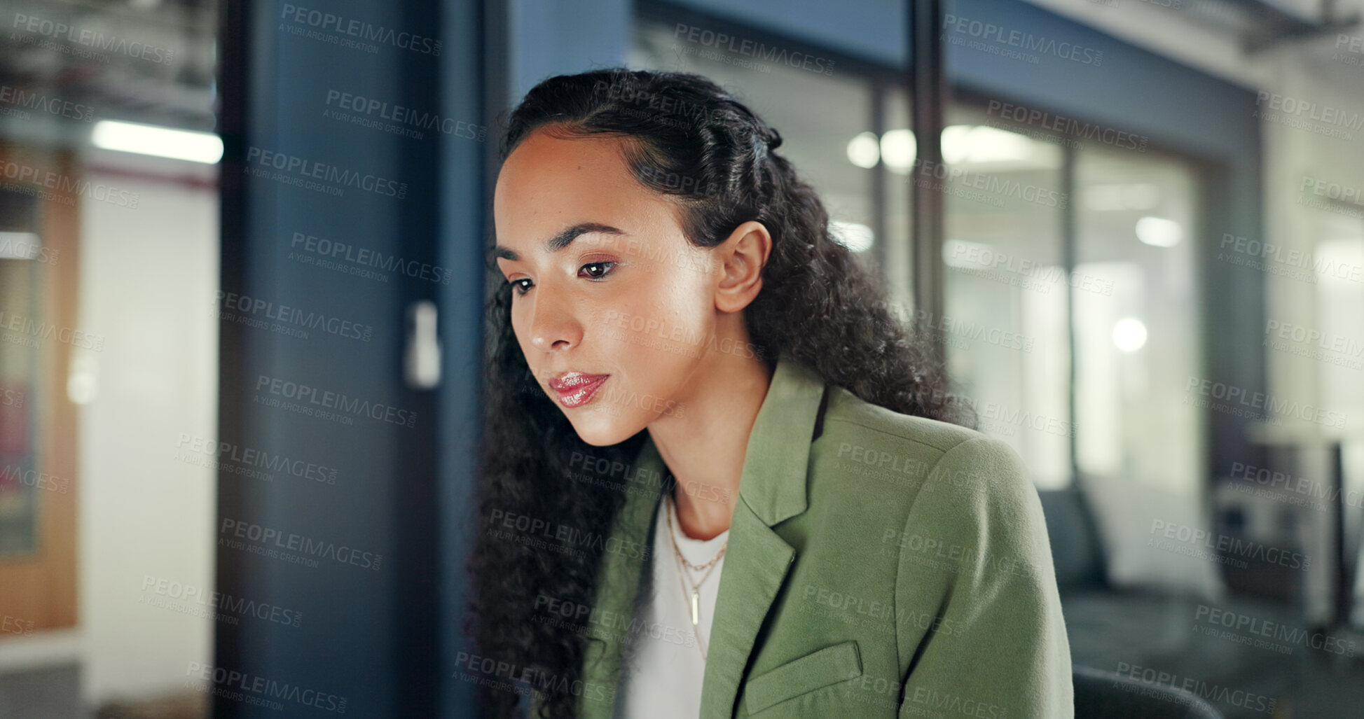 Buy stock photo Business, woman or face with thinking in office for financial portfolio review, ideas or stock market feedback. Professional, person and employee in corporate company for accounting or finance at job