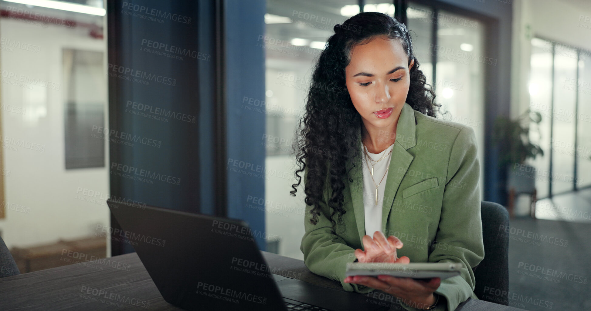 Buy stock photo Employee, thinking and woman with a laptop, tablet and investment with finance report, banking and online reading. Person, accountant and consultant with tech, stock market and network with economy
