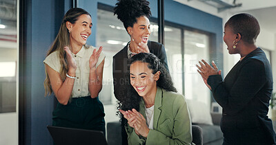 Applause, laptop or women high five to celebrate stock market success, revenue or investment profit. Forex, finance economy or diversity trader team excited for NFT, bitcoin or crypto trading growth