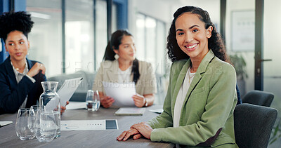 Business, happy woman and portrait in meeting with team, management and company. Young female worker smile at office table for planning, trust and motivation of vision, staff goals or startup support