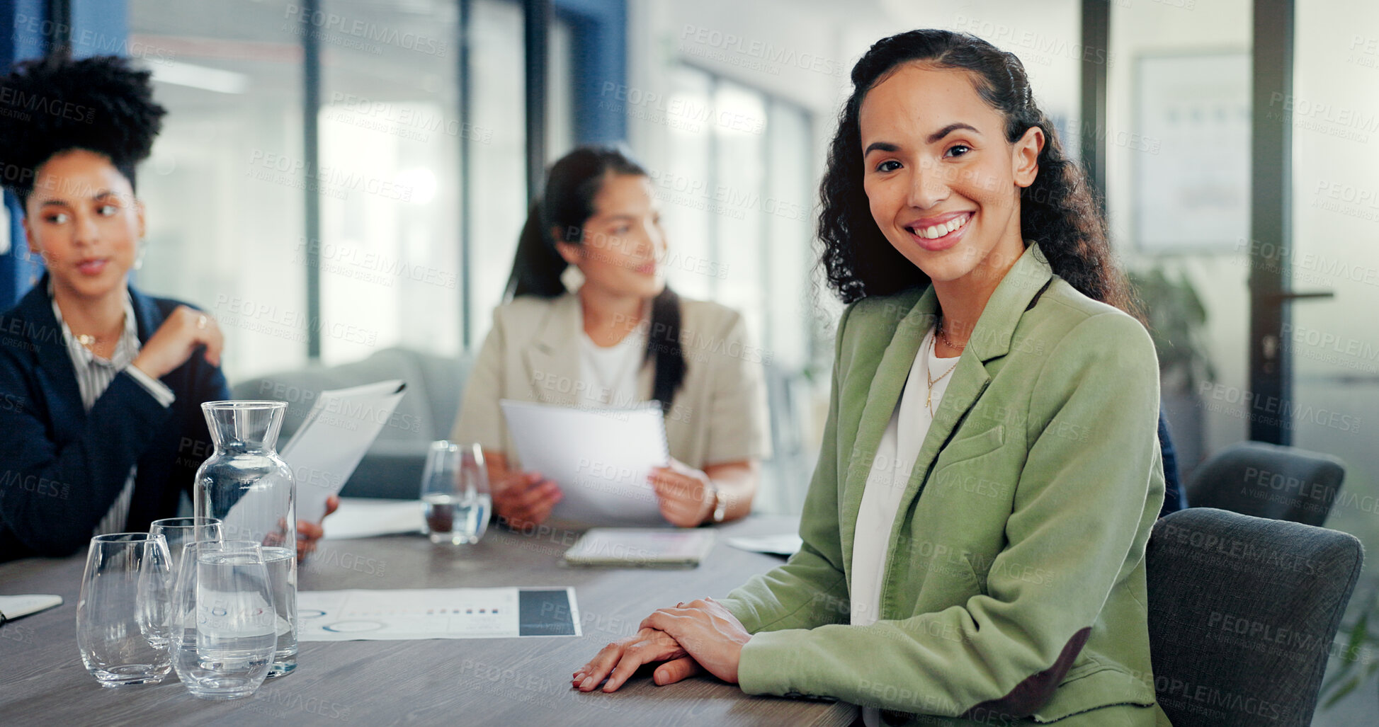 Buy stock photo Business woman, smile and portrait at table in office, workplace and career in corporate company. Face, happy professional consultant at desk, confident entrepreneur and employee coworking in meeting