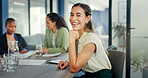 Business, happy woman and portrait in meeting with team, management and company. Young female worker smile at office table for planning, trust and motivation of vision, staff goals or startup support