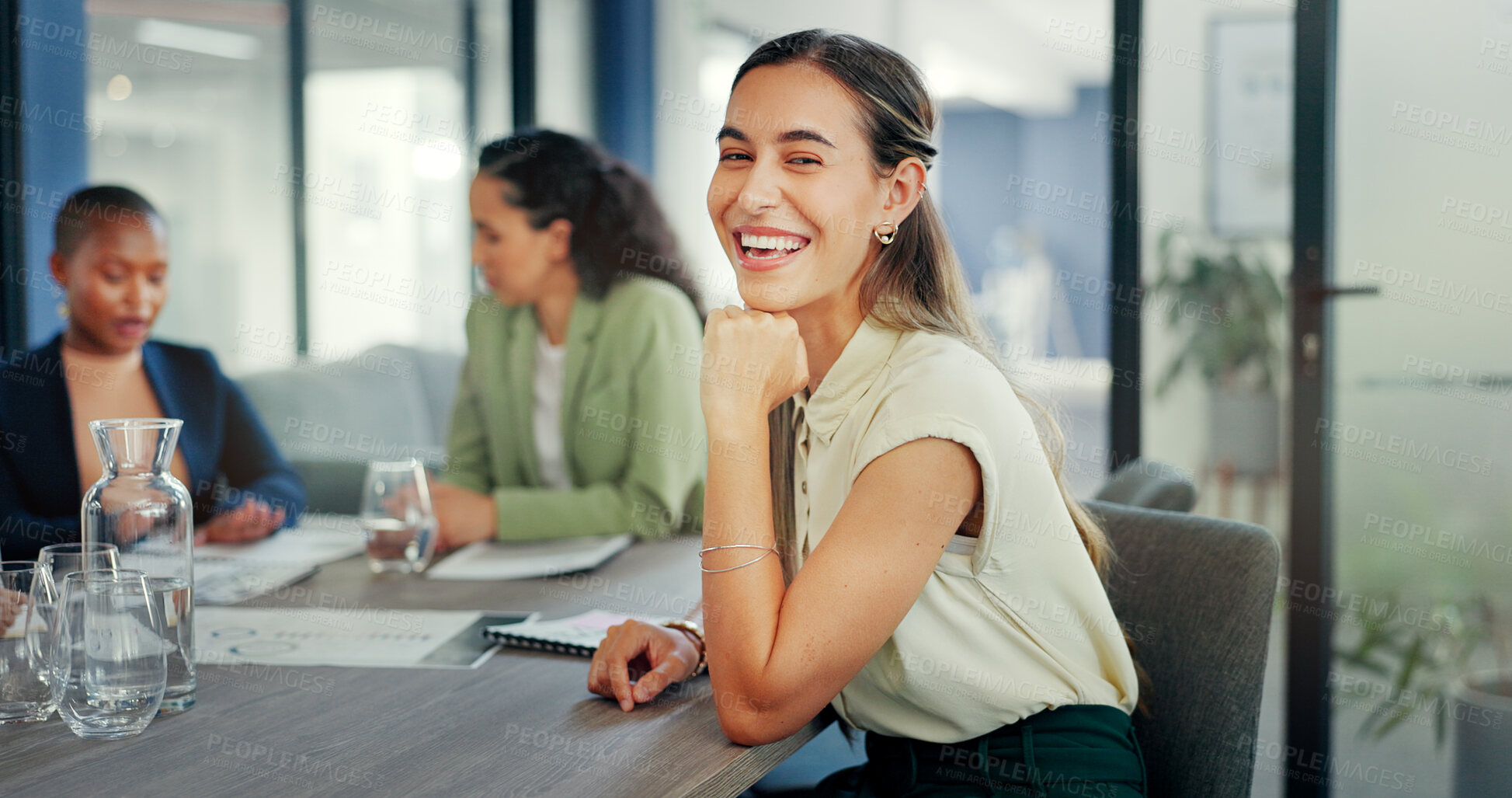 Buy stock photo Business woman, smile and portrait at table in office, workplace and employee in meeting in creative startup company. Face, happy professional designer at desk and confident entrepreneur coworking