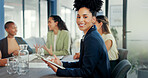 Black woman, tablet and portrait in office meeting for online planning, strategy and smile. Happy female worker working on digital technology for productivity, connection and happiness in company