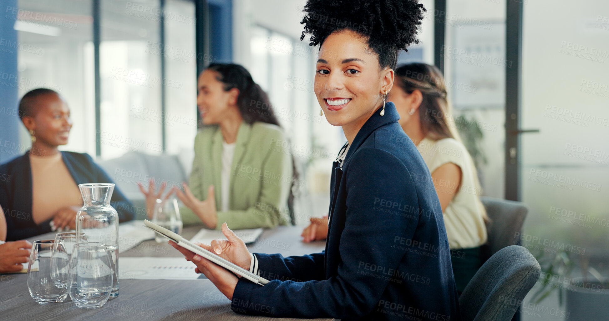 Buy stock photo Business woman, tablet and portrait at desk in office, smile and career in corporate company. Face, happy African professional on tech and consultant, entrepreneur or employee coworking in meeting