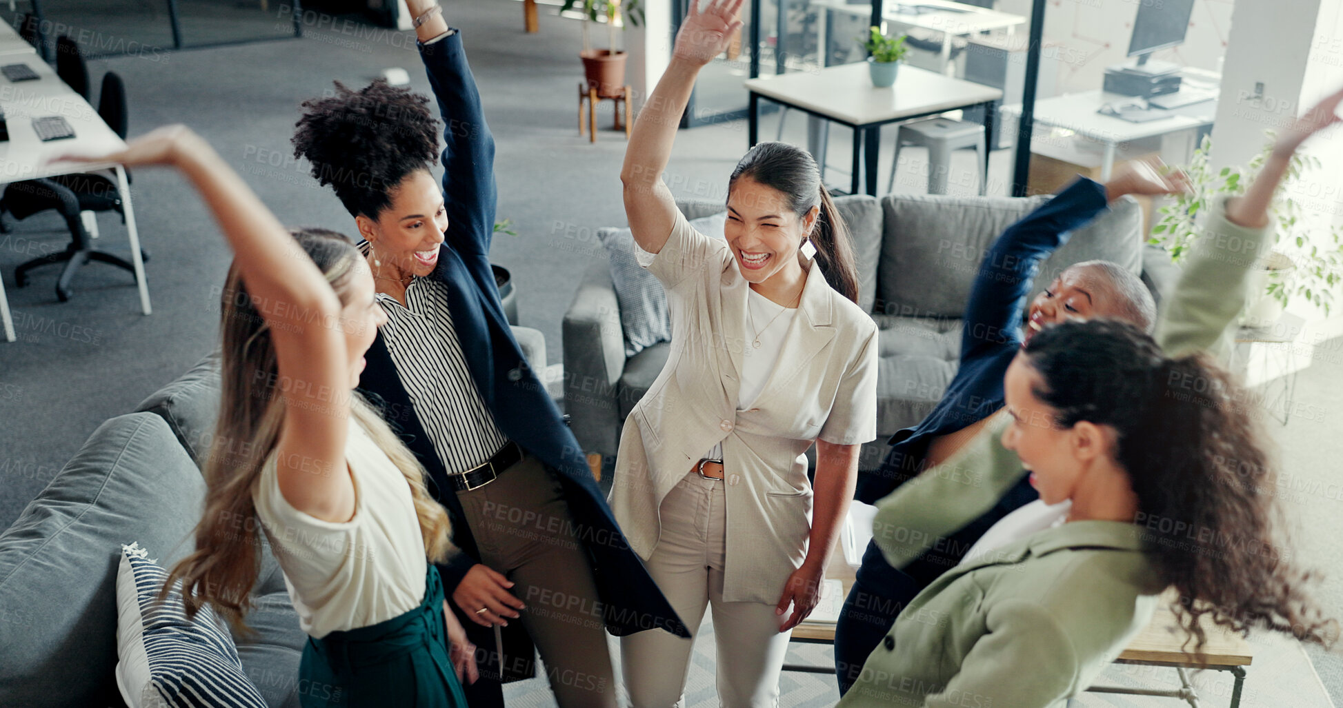 Buy stock photo Business women, group celebration and circle in office, happy and hands in air for goals, success and cheers. Team, excited and smile with collaboration, partnership or mission with diversity at job