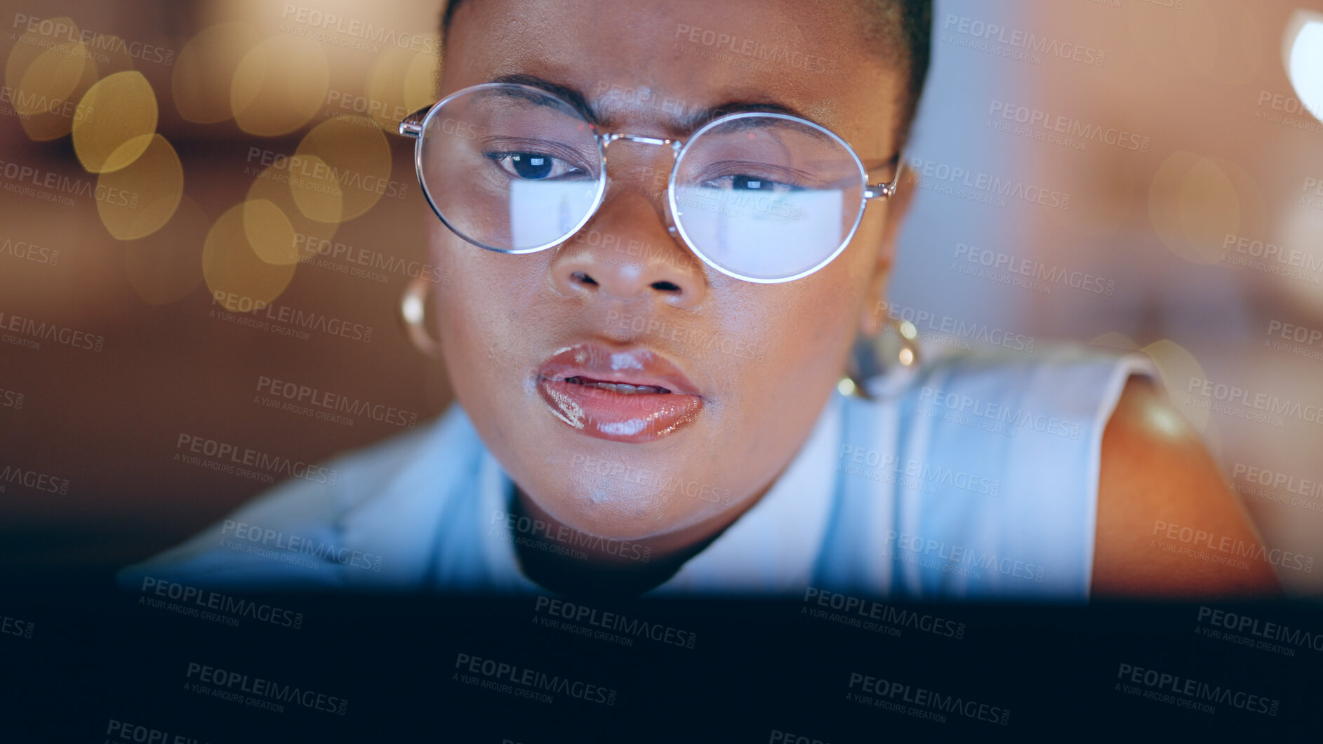 Buy stock photo Business, night and black woman on computer, glasses and reflection, working on online project report or research. Bokeh, thinking and businesswoman at overtime, reading email or feedback article.