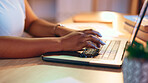 Laptop, business and hands of black woman typing working on online project, report and research at desk. Office, keyboard and female worker writing email, browse website and internet on computer