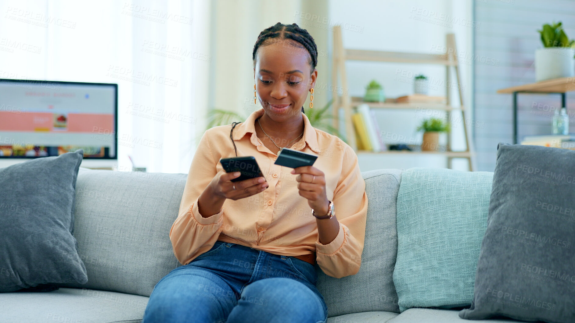 Buy stock photo Black woman, phone and credit card on sofa for payment, online shopping or fintech at home. Happy African female person in relax with debit or mobile smartphone for transaction, bank app or ecommerce