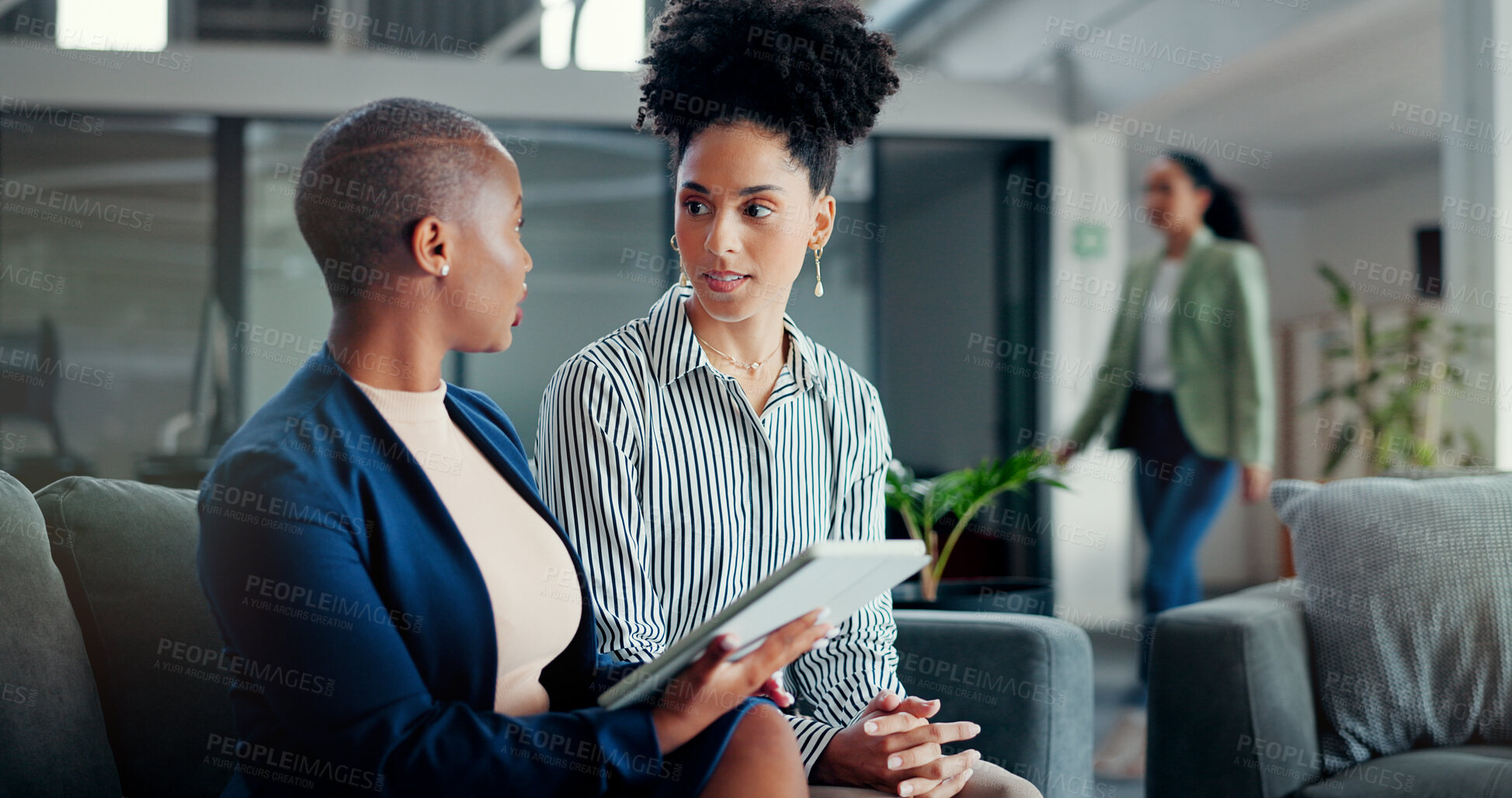 Buy stock photo Tablet, business lounge or women teamwork on financial portfolio review, stock market feedback or investment. Finance economy, management team or African trading company or partnership at work or job