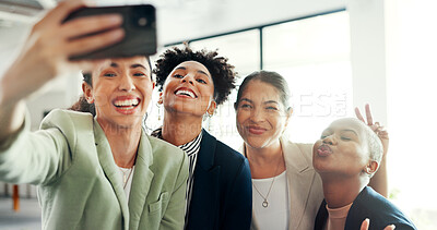 Selfie, friends and diversity with woman friends posing for a profile picture together in the office at work. Social media, partnership and teamwork with female colleague group taking a photograph