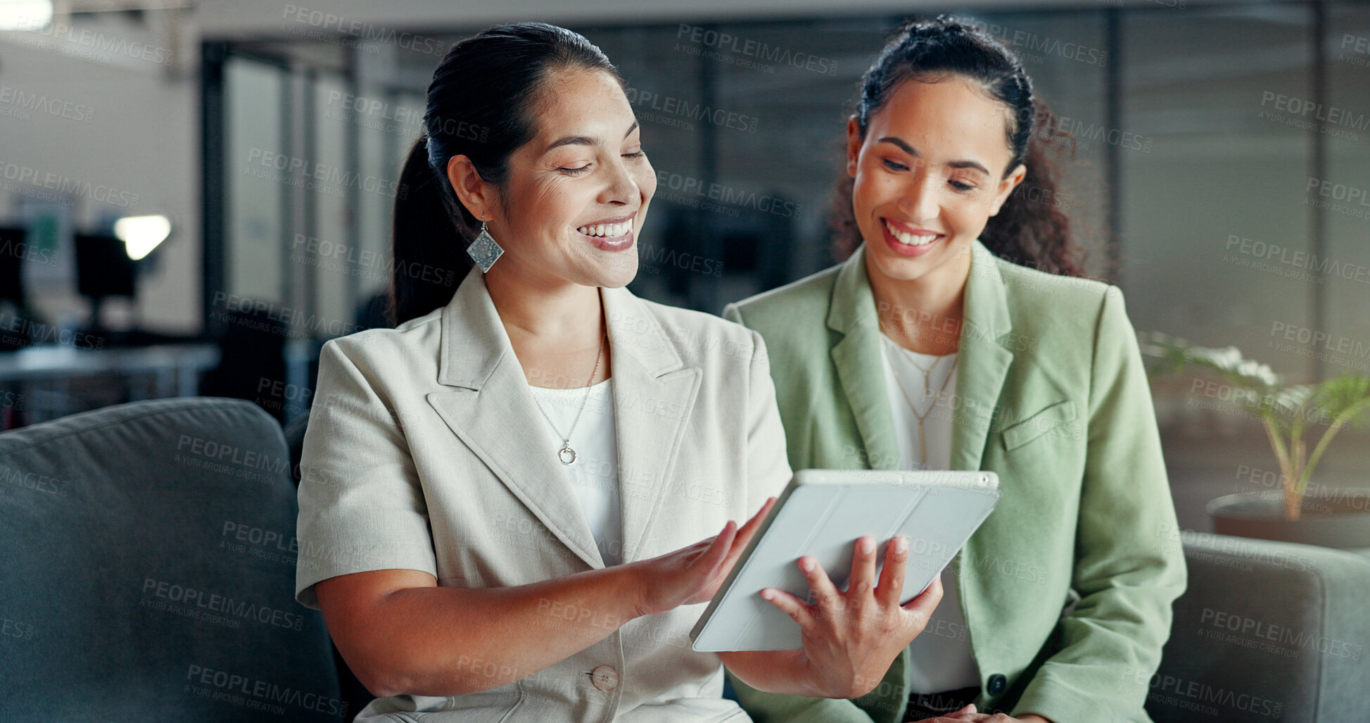 Buy stock photo Tablet, business collaboration or women teamwork on financial portfolio review, stock market feedback or investment. Finance economy, management team or African trading company or partnership at work
