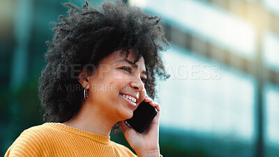 Buy stock photo Smile, talking and a woman on a phone call in the city for communication, chat or travel update. Happy, idea and a young girl planning while speaking on a mobile for conversation or discussion