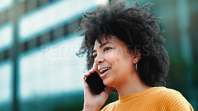 Buy stock photo Smile, thinking and a woman on a phone call in the city for communication, chat or travel update. Happy, idea and a young girl planning while talking on a mobile for conversation or discussion
