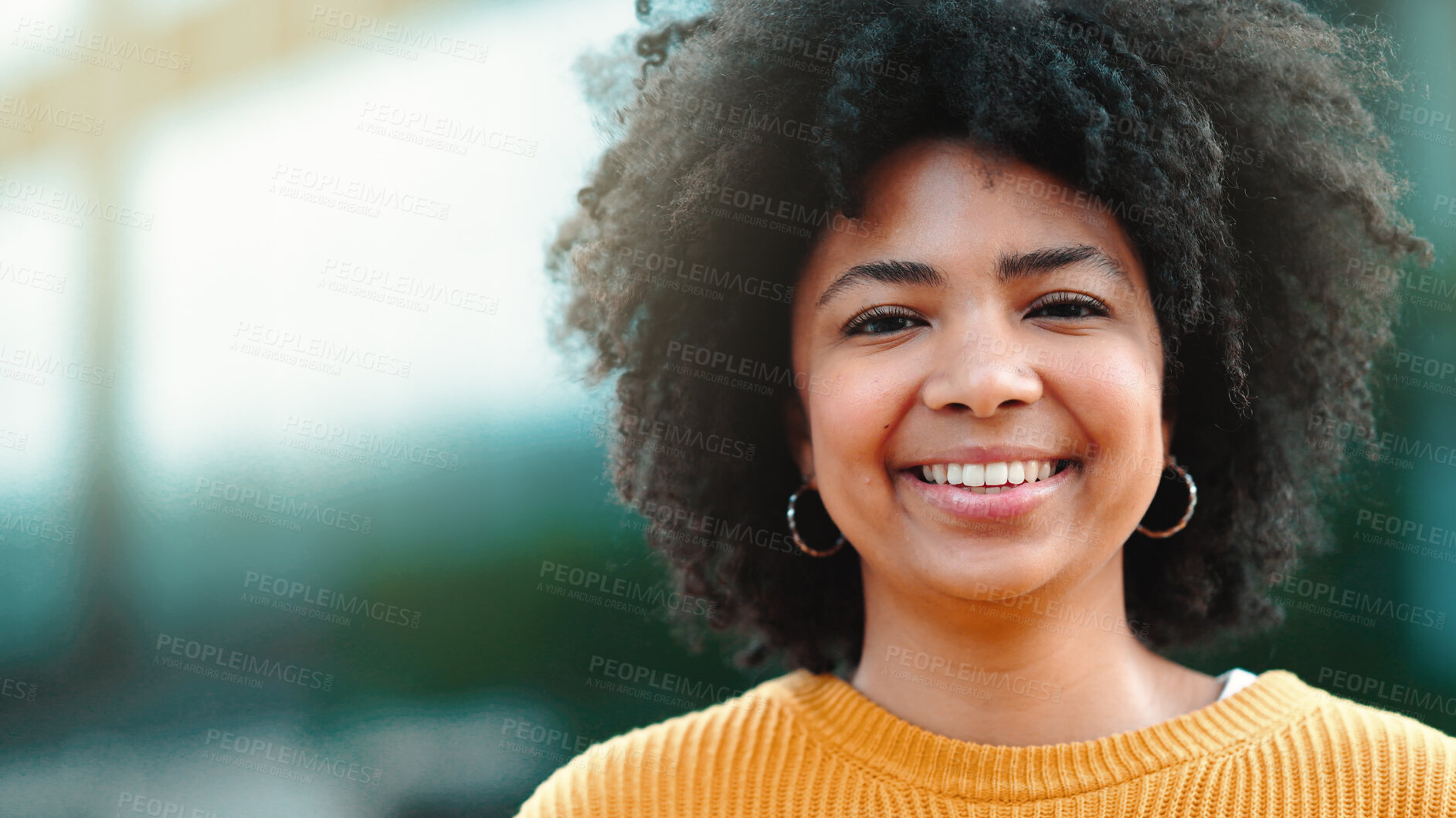 Buy stock photo Happy, journalist and portrait of African woman with success, pride and confidence in press. News, writer or editor smile with happiness in mockup and person work in publishing firm or business