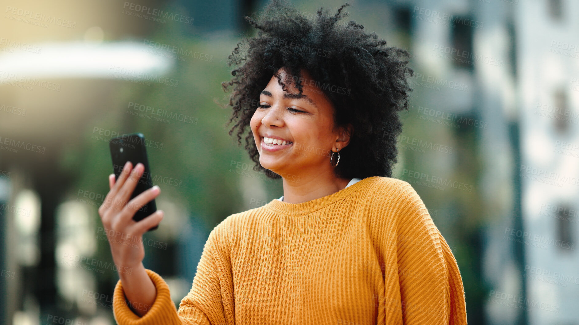 Buy stock photo Happy, video call and woman with a smartphone, city and laughing with communication, talking and network. Person, outdoor and girl with a cellphone, gen z and humor with conversation and mobile user