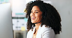 African American female sales or customer service agent working in a call centre, talking to a client with a headset. A business woman in a video meeting conference with her colleagues or boss.