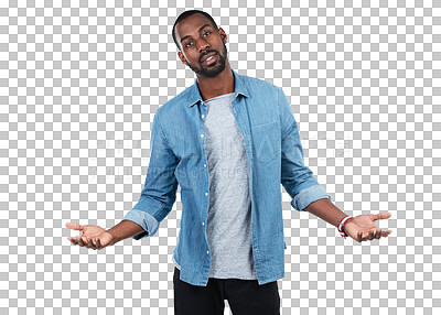 Portrait, shrug and a black man on an isolated and transparent png background asking what or why. Doubt, hands and question with a young male shrugging saying dont know