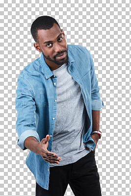 Portrait, handshake and black man on an isolated and transparent png background. Thank you, greeting and male model shaking hands for deal, agreement or contract, onboarding or welcome introduction
