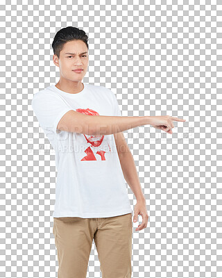 Man, pointing to space for marketing, advertising or product placement on an isolated, transparent png background. Serious, confused and angry Asian male, point to advertisement, news or notification