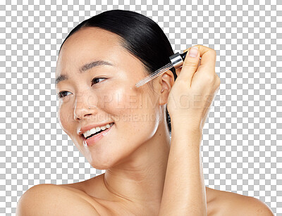 A Asian woman beauty, facial serum and essential oil, aesthetic dermatology and skincare on studio background. Happy Japanese model face, wellness and liquid makeup, hyaluronic acid and body cosmetics isolated on a png background