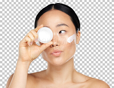 Face, beauty and skincare with a model asian woman in studio on a isolated on a png background to promote a product. Wellness, luxury and facial with an attractive young woman posing for cosmetics or health