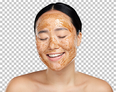 Asian woman, skincare and face scrub for health, organic facial or natural beauty for wellness, smooth skin and studio background with smile. Young girl, soft or happy for body care or confident isolated on a png background