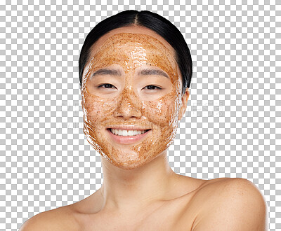 Woman with face mask, korean skincare spa with natural sugar scrub product or portrait in isolated on a png background. Face of happy asian girl, wellness beauty with cleaning exfoliation or facial smile
