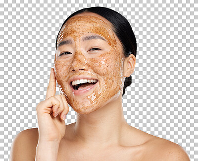 Skincare, portrait and woman with a coffee face mask for fresh, clean and beautiful skin in studio. Beauty, dermatology and happy girl model from Japan with facial scrub isolated on a png background