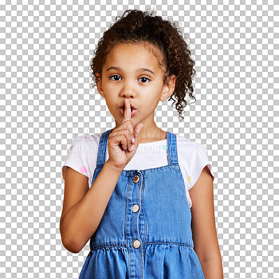 A portrait mixed race girl standing with her finger on her lips isolated Cute hispanic child posing inside. Happy and cute kid saying quiet, whisper or keep a secret isolated on a png background