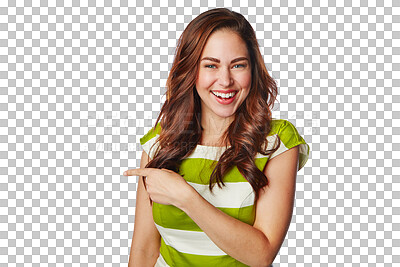 Woman, portrait or pointing finger at promotion mockup, marketing space or advertising on an isolated, transparent png background. Smile, happy model or showing hands gesture for logo branding