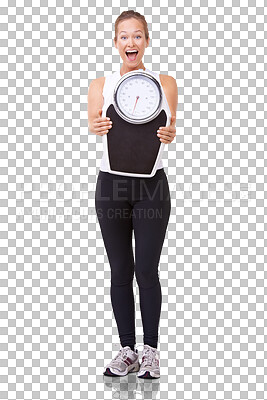 Studio portrait of a sporty young woman showing a scale to the camera isolated on a png background