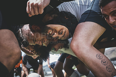 Buy stock photo Fitness, rugby and team in a scrum on a field during a game, workout or training in a stadium. Sports, performance and group of athletes in position on an outdoor pitch for a match or practice.